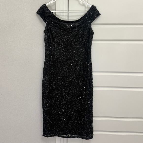 Adrianna Papell Dresses & Skirts - Adrianna Papell Black Sequin Off The Shoulder Black Formal Midi Dress Sz 12